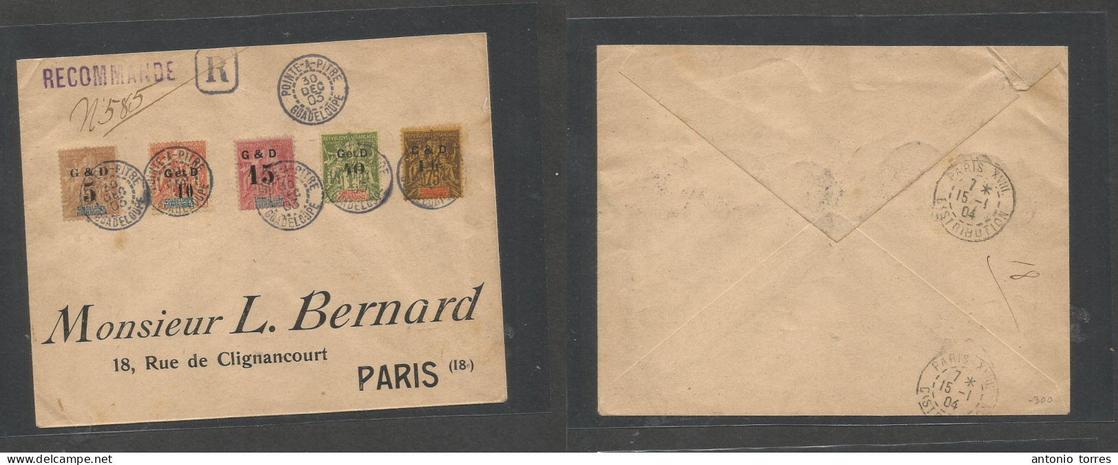Frc - Guadalupe. 1903 (30 Dec) Pointe A Pitre - France, Paris (15 Jan 04) Registered Multifkd Env Ovptd Sage Issue, Valu - Andere & Zonder Classificatie