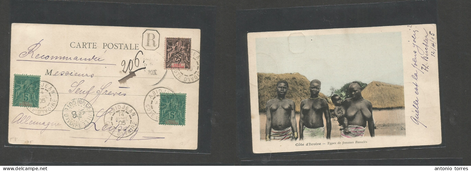 Frc - Ivory Coast. 1905 (4 Apr) Abidjan - Germany, Leipzig (10 May) Via Bingerville. Registered Multifkd Sage Issue Ppc - Andere & Zonder Classificatie