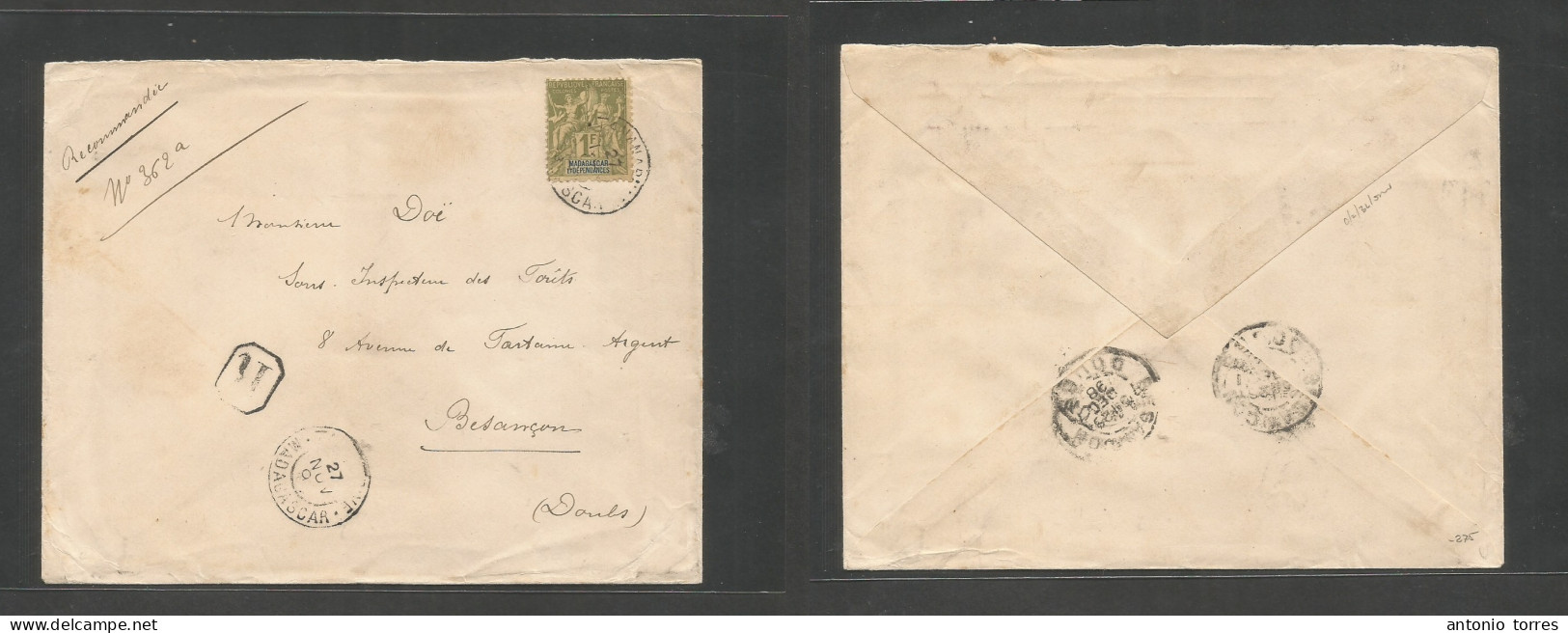 Frc - Madagascar. 1898 (27 Nov) Tananarive - France, Besançon (26 Dec) Registered 1fr Green Single Fkd Envelope, Cds. Sc - Otros & Sin Clasificación