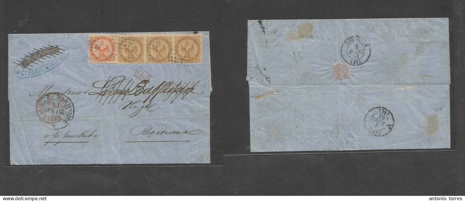 Frc - Martinique. 1864 (11 Febr) St. Pierre - France, Paris (4 March) EL With Text Multifkd 40c Orange General Col + 10c - Sonstige & Ohne Zuordnung