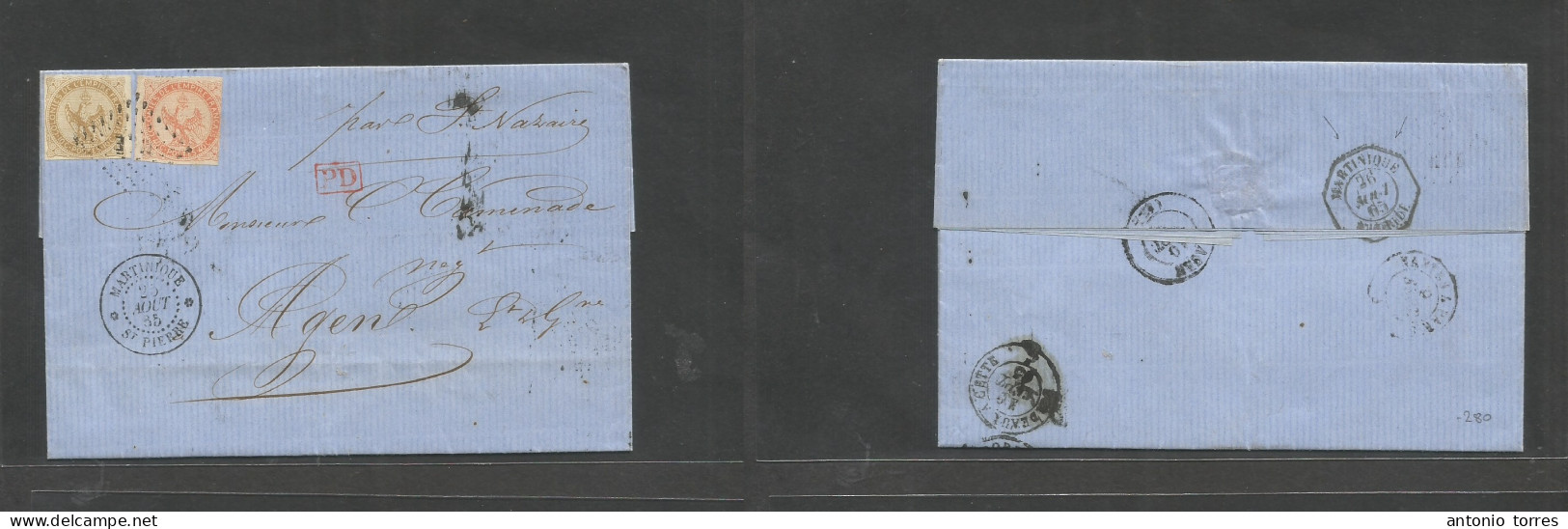 Frc - Martinique. 1865 (21 Aug) St. Pierre - France, Agen (10 Sept) EL With Text Fkd 10c + 40c Tied Dots, Cds + Via St. - Autres & Non Classés