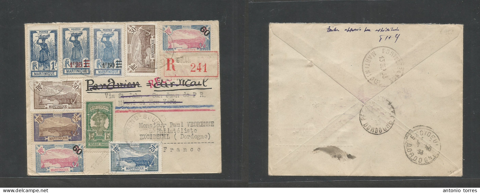 Frc - Martinique. 1933 (13 Sept) Grand Bourg - France, Excidanil (1 Oct) Registered Multifkd Envelope, Air Usage Via St. - Autres & Non Classés