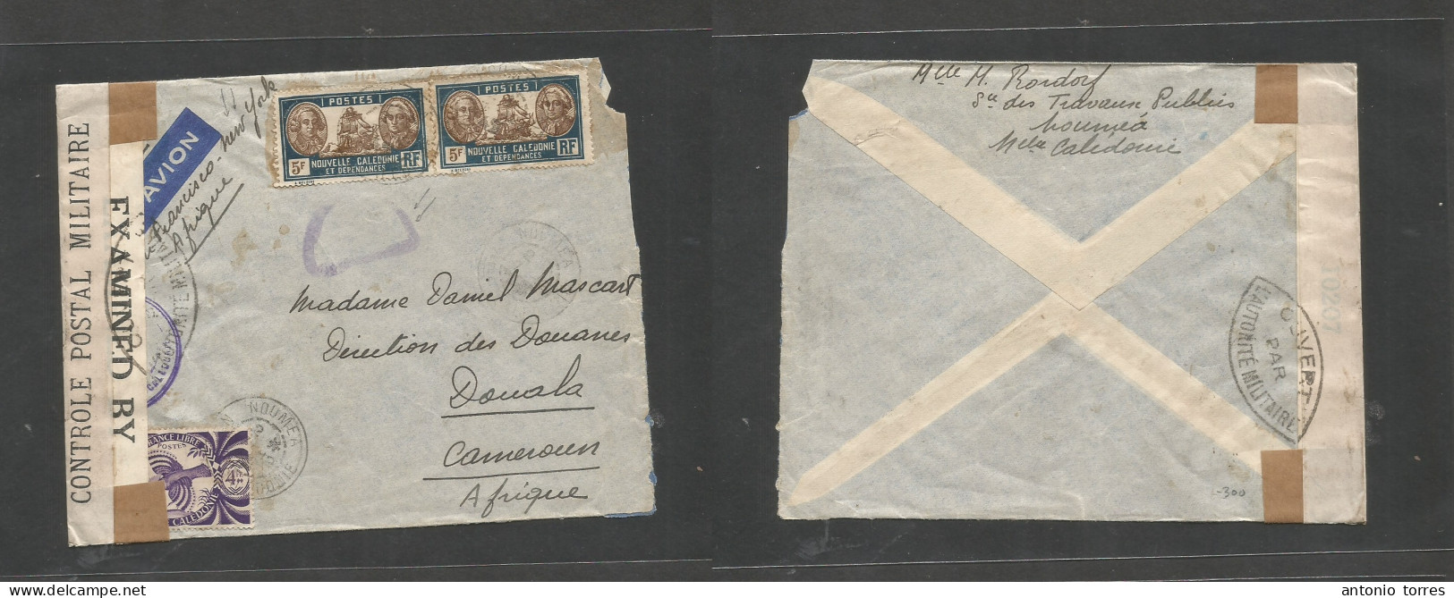 Frc - New Caledonia. 1940 (7 Dec) Noumea - Cameroun, Douala, French Africa. Multifkd Airmail Envelope With Triple Censor - Autres & Non Classés