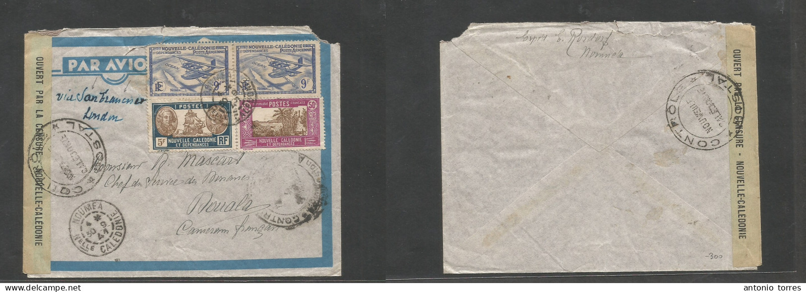 Frc - New Caledonia. 1941 (30 Sept) Noumea - Douala - Cameroun, French Africa. Air Multifkd Envelope Via San Francisco - - Sonstige & Ohne Zuordnung