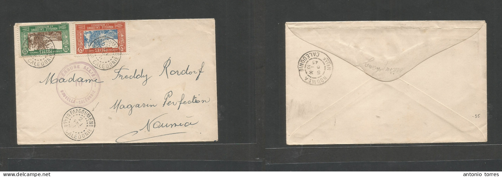 Frc - New Caledonia. 1945 (2 Febr) Paagoumene - Noumea (6 Febr) Local Multifkd Envelope At 1,50fr Rate, Tied Cds + WWII - Otros & Sin Clasificación