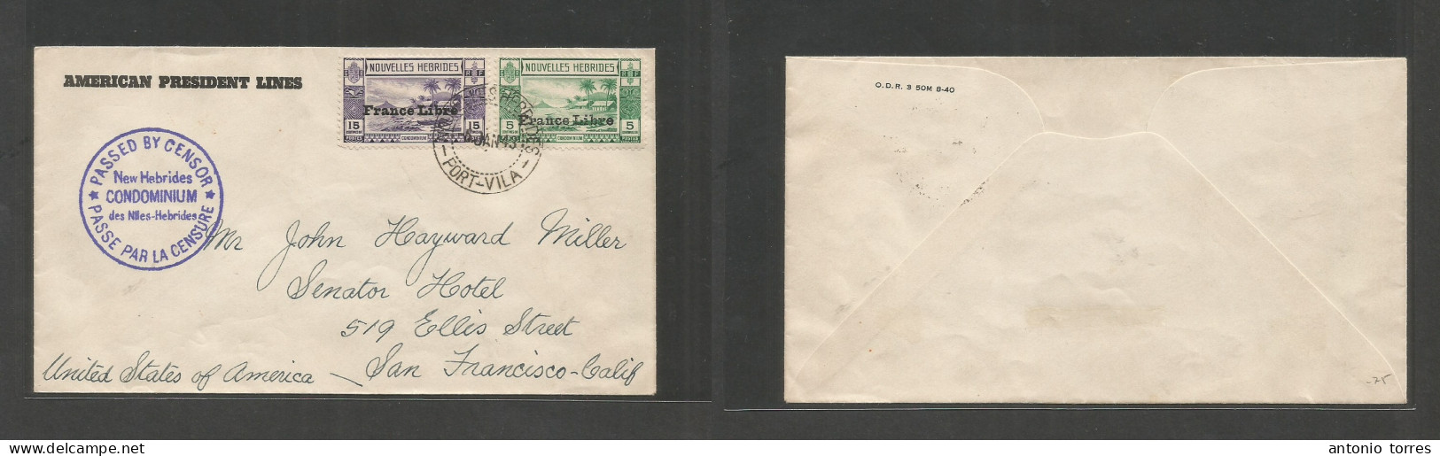 Frc - New Hebrides. 1943 (5 Jan) Port Vila - USA, S. Fco, CA. France Libre Multifkd Censored Envelope. Fine Item. - Otros & Sin Clasificación