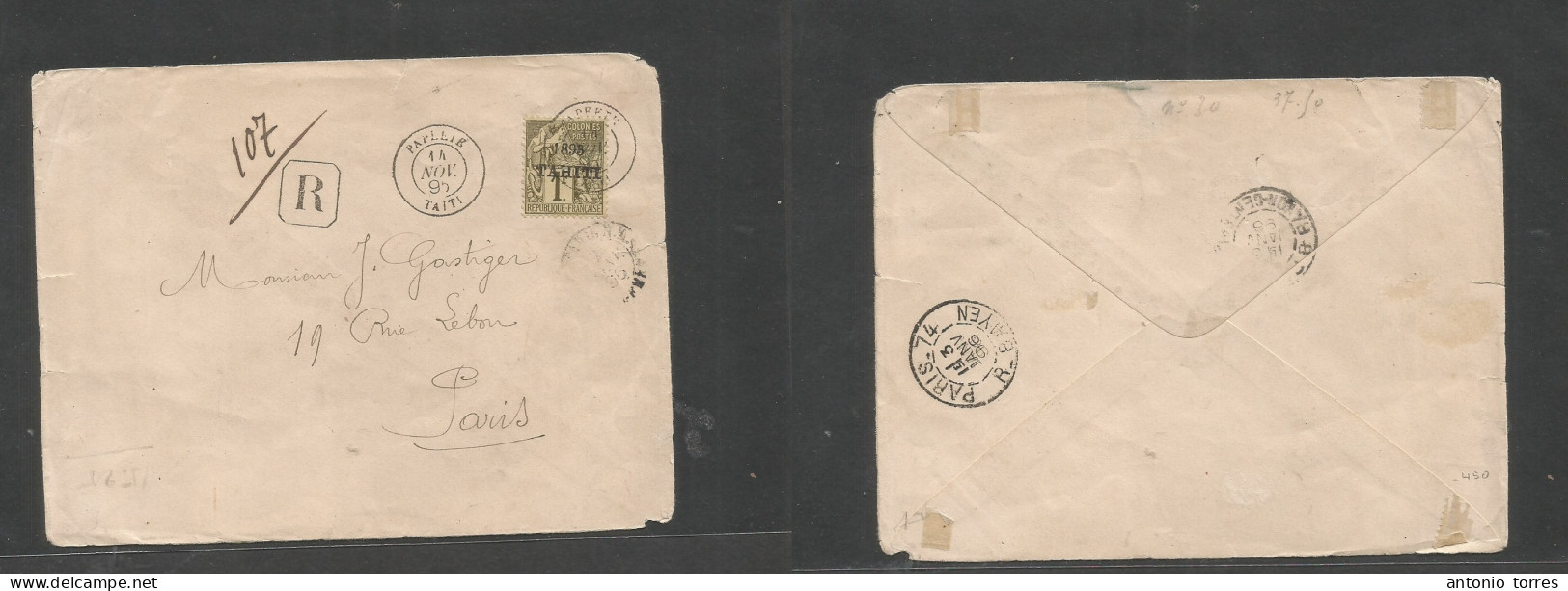 Frc - Tahiti. 1896 (14 Nov) Papeete - France, Paris (3 Jan 97) Registered Single 1fr Olive Ovptd Sage Issue Fkd Envelope - Other & Unclassified