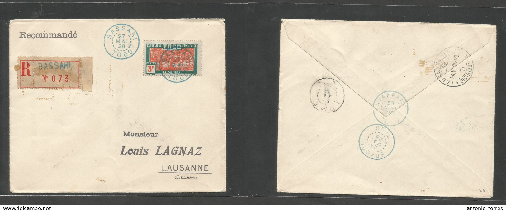 Frc - Togo. 1928 (27 May) Bassari - Switzerland, Lausanne (24 June) Via Sokode - Atakpame - Lore. Registered Single 3fr - Otros & Sin Clasificación