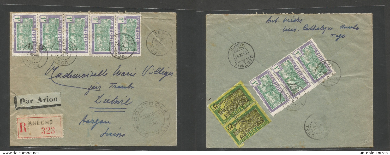 Frc - Togo. 1941 (2 Apr) Anecho - Switzerland, Aargau (14 Apr) Registered Multifkd Airmail Front And Reverse WWII Censor - Otros & Sin Clasificación