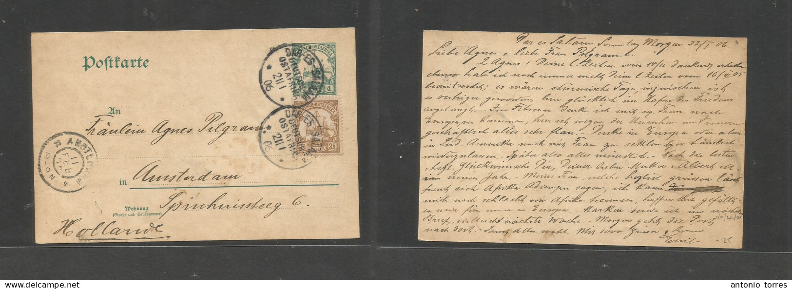 German Col-East Africa. 1906 (21-22 Jan) Dar Es Salaam - Netherlands, Amsterdan (11 Feb) 4h Green Stat Card + Adtl, Tied - Other & Unclassified
