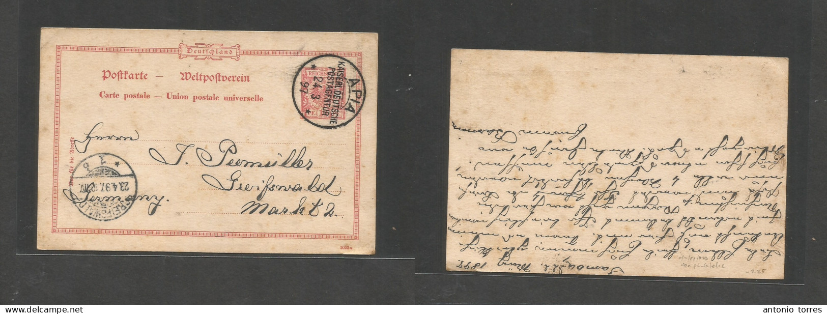 German Col-Samoa. 1898 (22 March) Apia - Germany, Greifswald (23 Apr) Precurses. 10pf Green Stat And Cancelled Cds On Th - Otros & Sin Clasificación