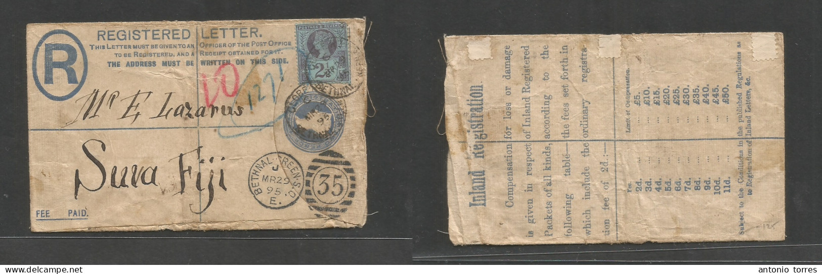 Great Britain. 1895 (29 March) Bethnal Green - FIJI, Suva. Registered 2d Blue QV Stat Env + 2 1/2d Adtl, At 4 1/2d Rate. - ...-1840 Prephilately