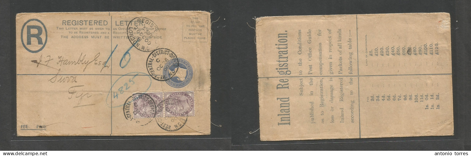 Great Britain. 1900 (26 Oct) C.D, WC - Fiji, Suva. Registered 2d Blue QV Stat Env + 2 Adtls, Tied Cds. VF + Very Rare De - ...-1840 Vorläufer