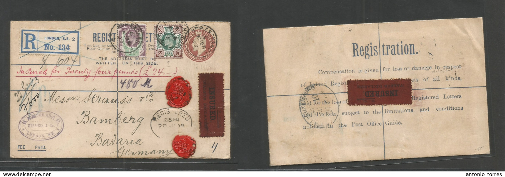 Great Britain - Xx. 1909 (26 Aug) HOP Exchange - Germany, Bamberg (27 Aug) Registered Insured Multifkd Env 2 + 1d Brown - ...-1840 Préphilatélie