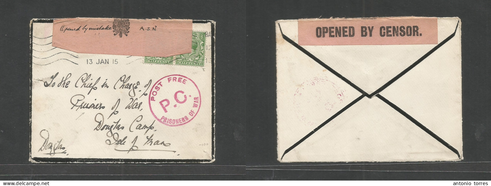 Grb - Channel Islands. 1915 (13 Jan) WWI. Fkd GB Envelope, Addressed To POW, Douglas Camp, Isle Of Man + Oval Censor, In - ...-1840 Préphilatélie