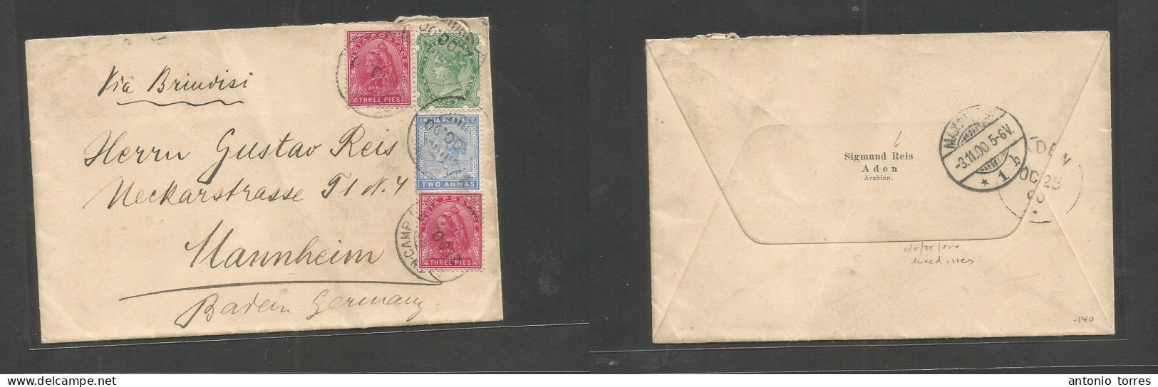 Bc - Aden. 1900 (25 Oct) India Used In Aden. GPO - Germany, Mannheim (3 Nov) Via Brindisi. Multifkd Envelope, Four Color - Otros & Sin Clasificación