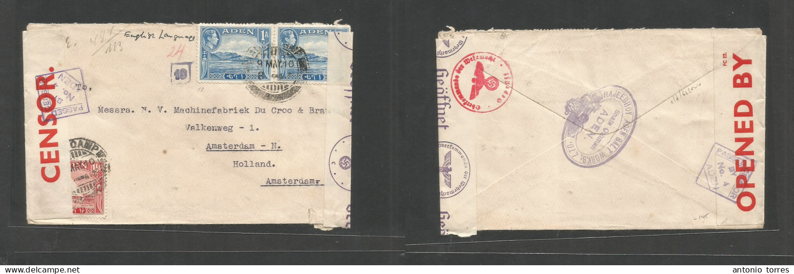 Bc - Aden. 1940 (9 May) Aden Camp - Netherlands, Amsterdan. Multifkd Env Depart + Nazi Censored Occupation Period. Very - Other & Unclassified