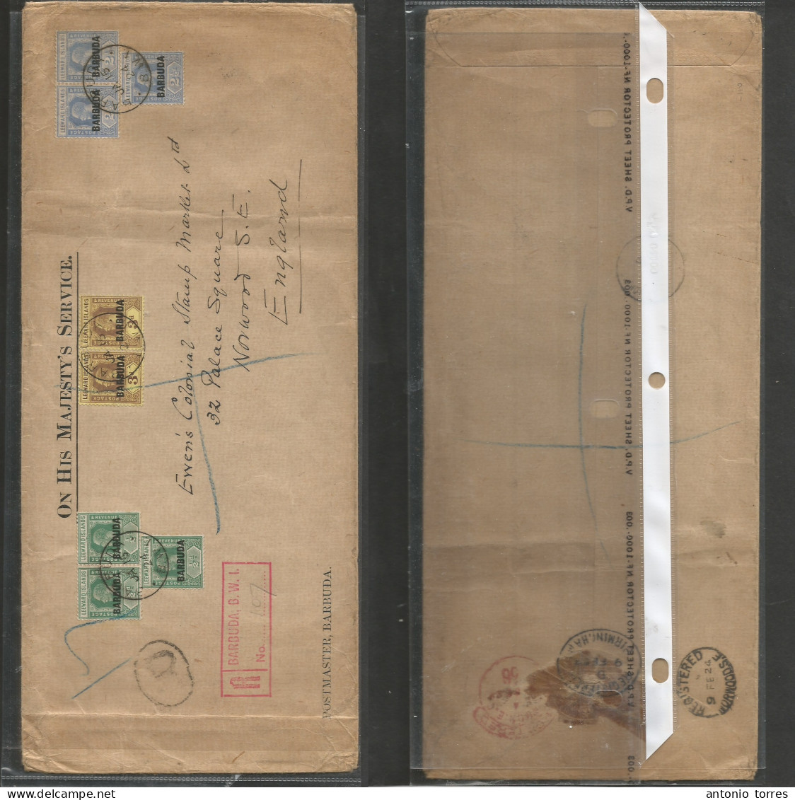 Bc - Antigua. 1924 (Jan 15). Barbuda. GPO - England, Norwood (9 Febr). Registered Multfr Envelope, Overprinted Issue, Ei - Otros & Sin Clasificación