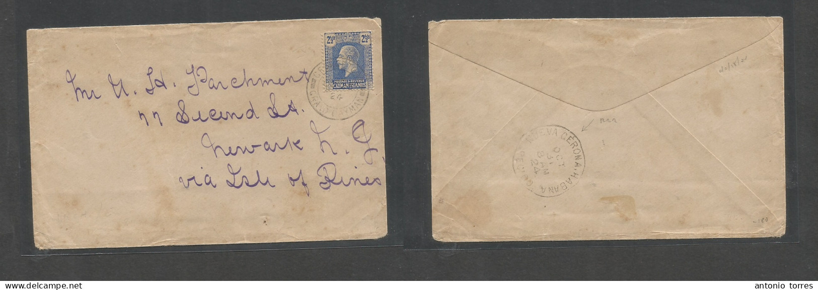 Bc - Cayman Is.. 1924 (Oct) Georgetown - USA, Newark, NJ. Via Island Of Pines, Cuba (Oct 31) Fkd Env At 2 1/2d Blue, Tie - Other & Unclassified