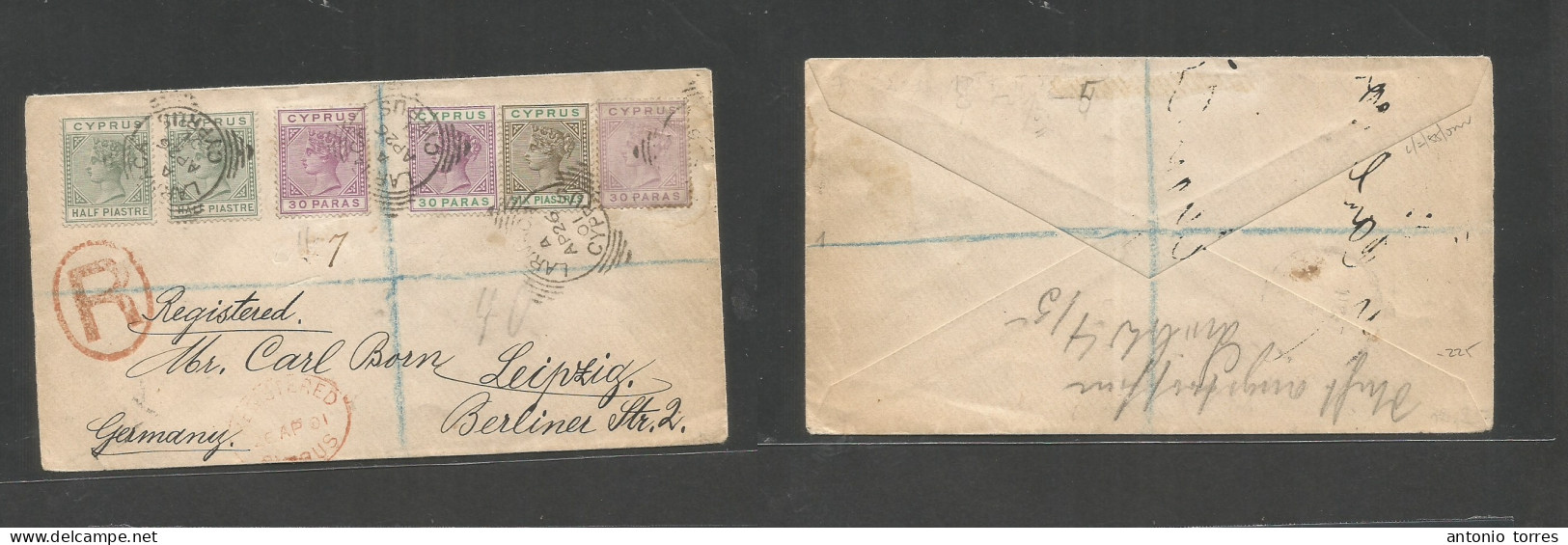 Bc - Cyprus. 1901 (26 Apr) Larnaca - Germany, Berlin Via GPO. Registered Multifkd QV Envelope Including Three Different - Otros & Sin Clasificación