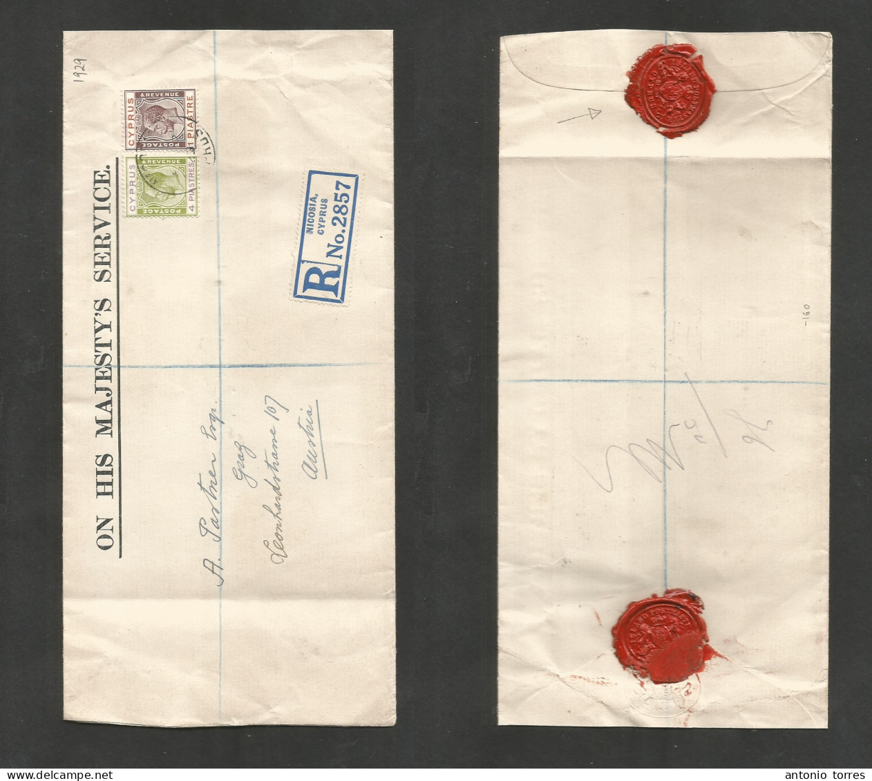 Bc - Cyprus. 1929. Nicosia - Austria. Registered OHMS Multifkd Env. Reverse Red Wax Seal. Island Postmaster / Cyprus. - Other & Unclassified