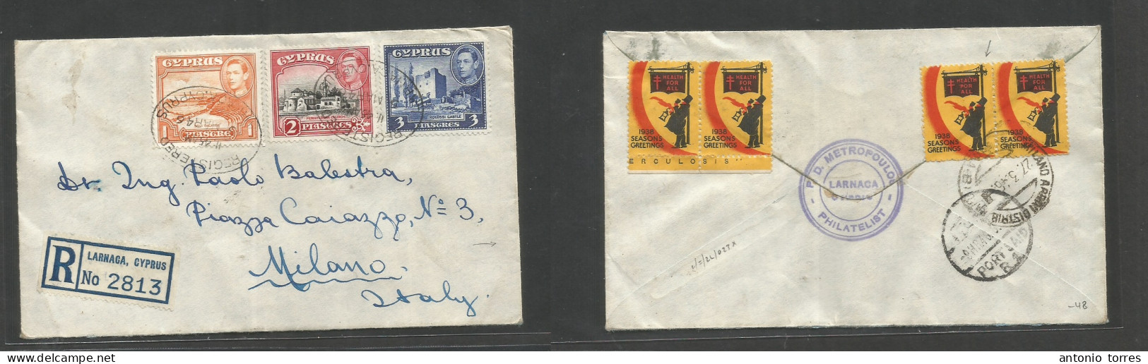 BC -Cyprus. 1946 (5 March) Larnaca - Italy, Milano (27 March) Via Egypt, Port Said With T. Labels On Reverse, Tied Regis - Other & Unclassified