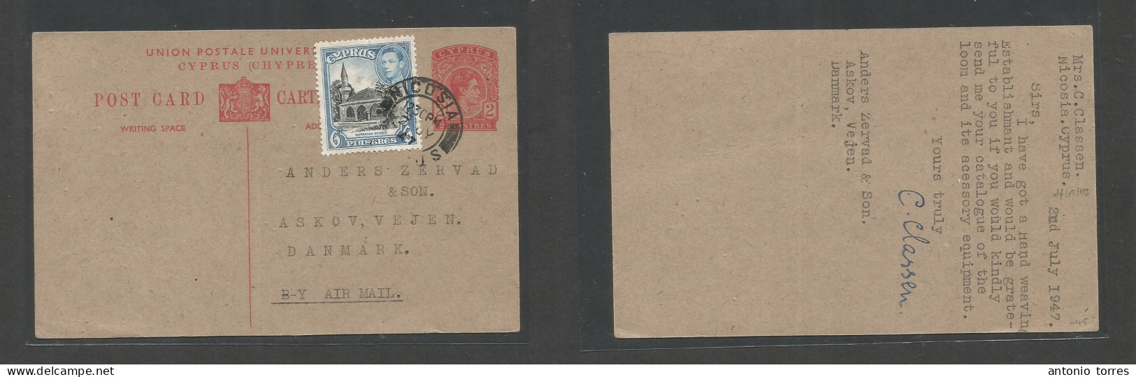 Bc - Cyprus. 1947 (2 July) Nicosia - Denmark, Aikov. 2p Red Stat Card + 6p Adtl. Scarce Circulation. - Autres & Non Classés