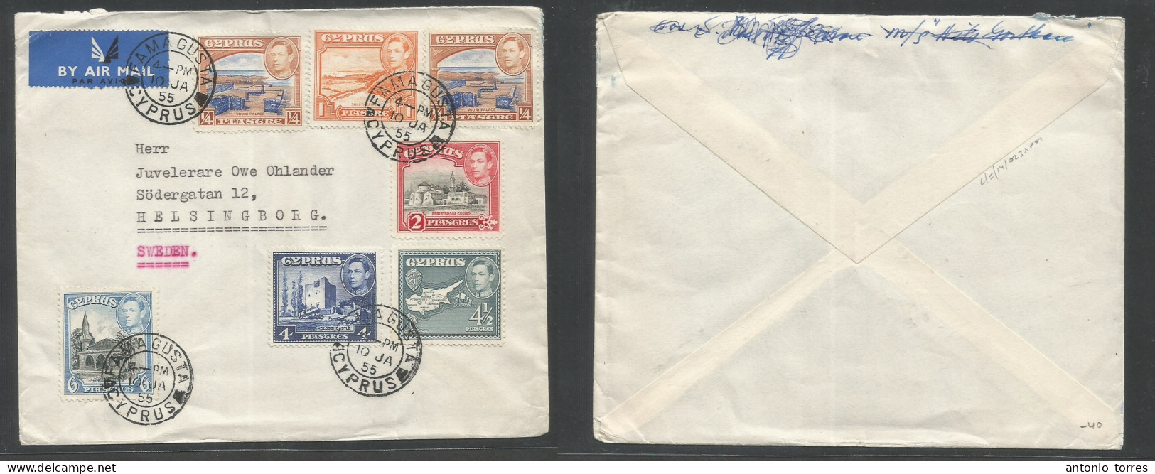 Bc - Cyprus. 1955 (10 Jan) Famagusta - Sweden, Helsingborg. Air Multifkd Env. Nice Usage. - Autres & Non Classés