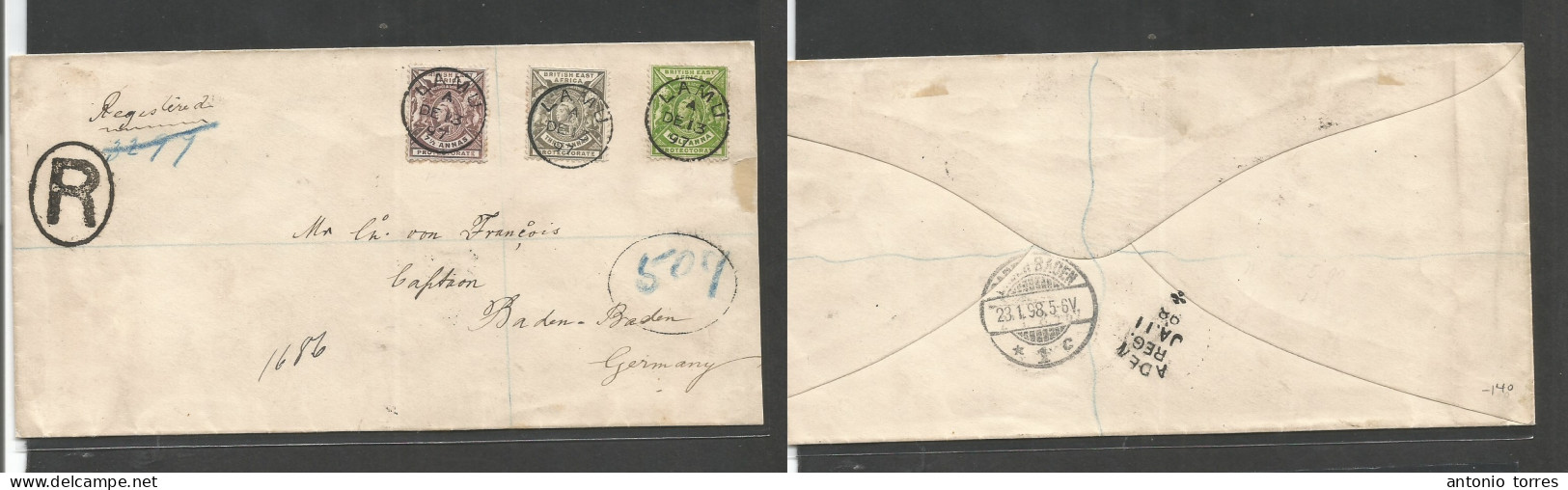 Bc - East Africa. 1897 (13 Dec) Lamu - Germany, Baden Baden (23 Jan 98) Via Aden (Jan 11) Registered Multifkd Envelope, - Autres & Non Classés