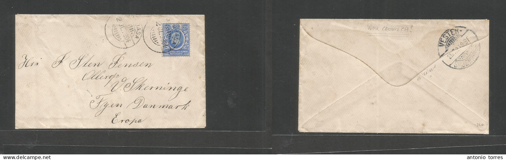 Bc - East Africa. 1904 (2 July) Mombassa - Denmark, Fyen (29 July) Single 2 1/2d Blue Fkd Env. Arrival Revese Stamp Wmk - Sonstige & Ohne Zuordnung