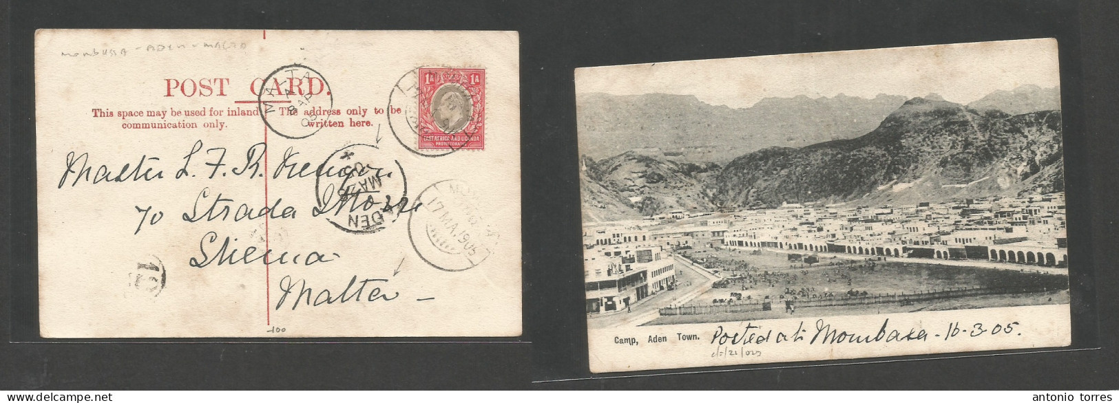 Bc - East Africa. 1905 (17 May) Mombassa - Malta, Sliema (8 Apr) Fkd Photo Ppc. Via Aden (26 May) Scarce Postal Link At - Other & Unclassified