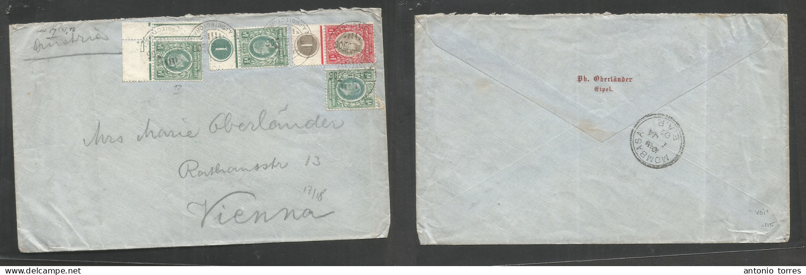 Bc - East Africa. 1906 (31 Dec) Voi - Austria, Wien. Via Mombasa (1 Jan) Multifkd Envelope, 3 Values With Margin Borders - Other & Unclassified