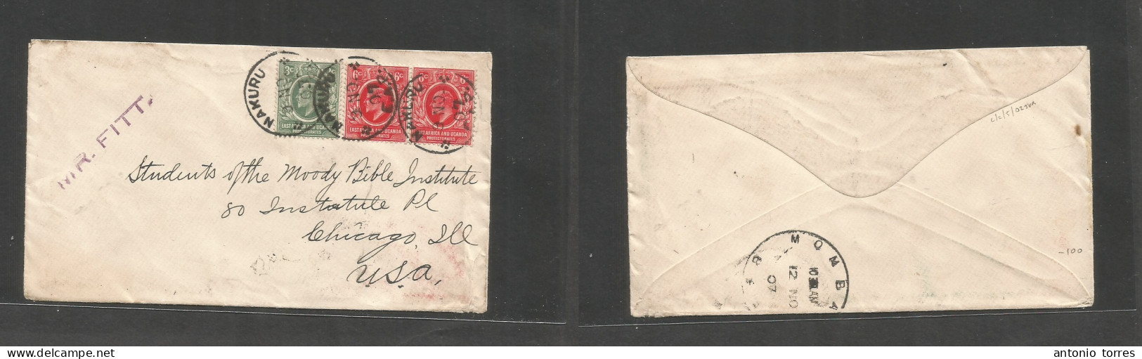 Bc - East Africa. 1907 (9 Nov) Nakuru - USA, Chicago, Ill. Multifkd Env At 15c Rate, Tied Cds. Via Mombasa Reverse Cds ( - Other & Unclassified