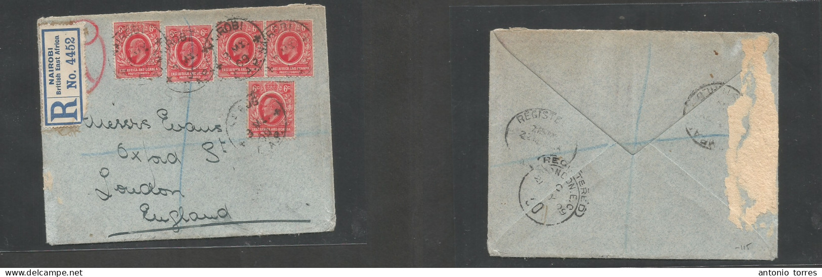 Bc - East Africa. 1909 (8 May) Nairobi - England, London (21 May) Registered Multifkd Env At 30c Rate, Tied Cds Reverse - Other & Unclassified
