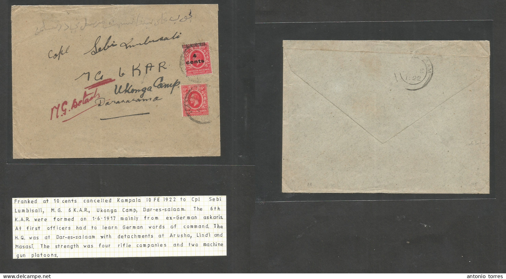 Bc - East Africa. 1922 (10 Feb) Kampala - Sebi, Lumbisali, MGBKAR, Ukonga Camp. Military Mail Multifkd Env. Very Interes - Other & Unclassified