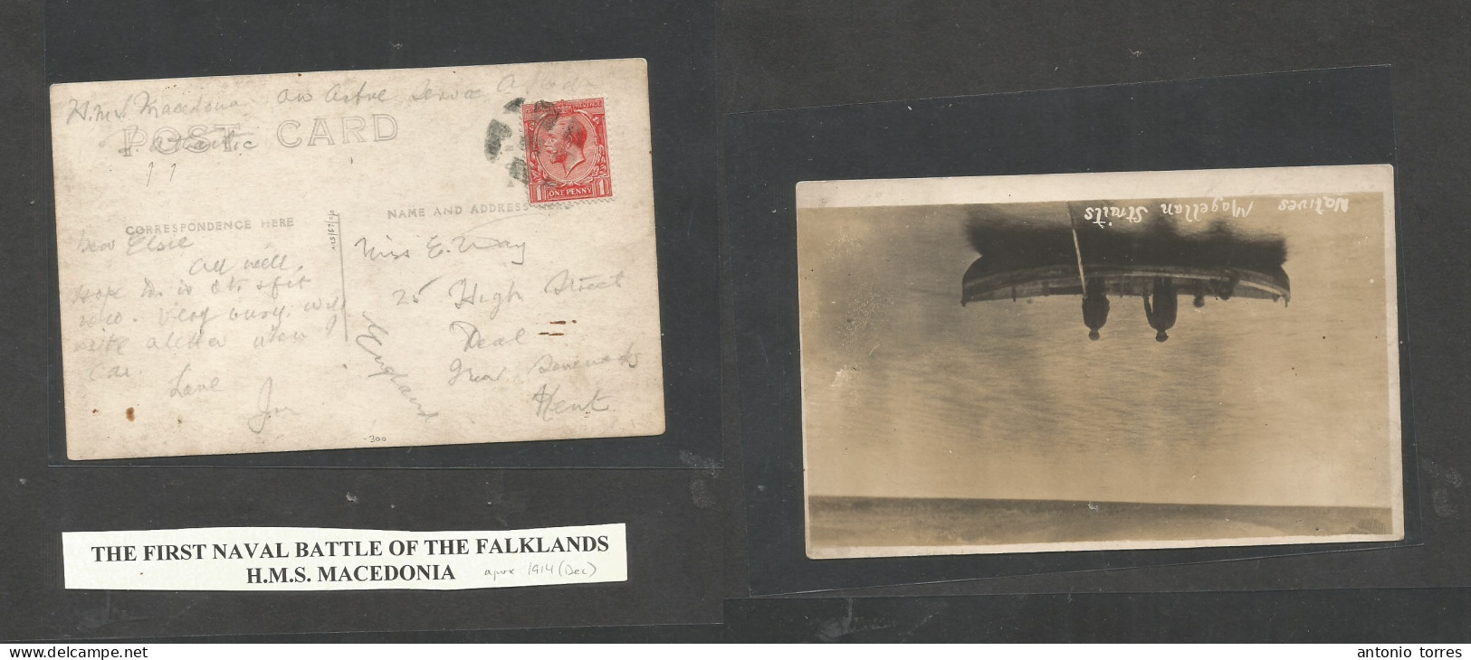 Bc - Falkland Islands. C. 1914 (Dec) The First Battle Of The Falklands, HMS Macedonia. OHMS Fkd Photo Ppc. 1d Red GB Wit - Autres & Non Classés
