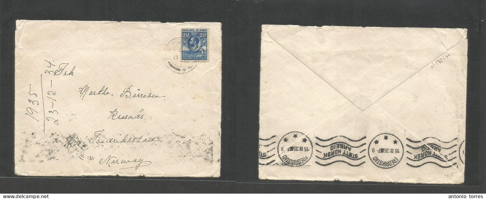 Bc - Falkland Islands. 1934 (23 Dec) South Georgia - Norway, Khasonas (15 March) Fkd Env 2 1/2d Blue, Tied Cds. Fine Sca - Other & Unclassified