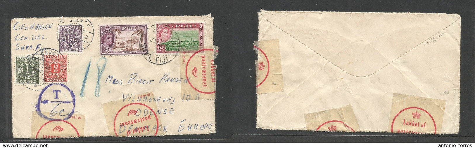 Bc - Fiji. 1958 (21 Jan) Suva - Denmark, Odense (25 Febr) QEII Multifkd Env + Taxed + Three Danish P. Dues, Tied Cds + A - Other & Unclassified