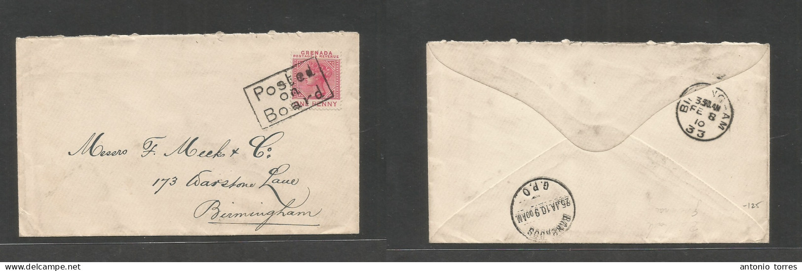 Bc - Grenada. 1910 (25 Jan) GPO "posted On Board" - UK, Birmingham (8 Feb) Via Barbados, Reverse Cachets. Single 1d Red - Other & Unclassified