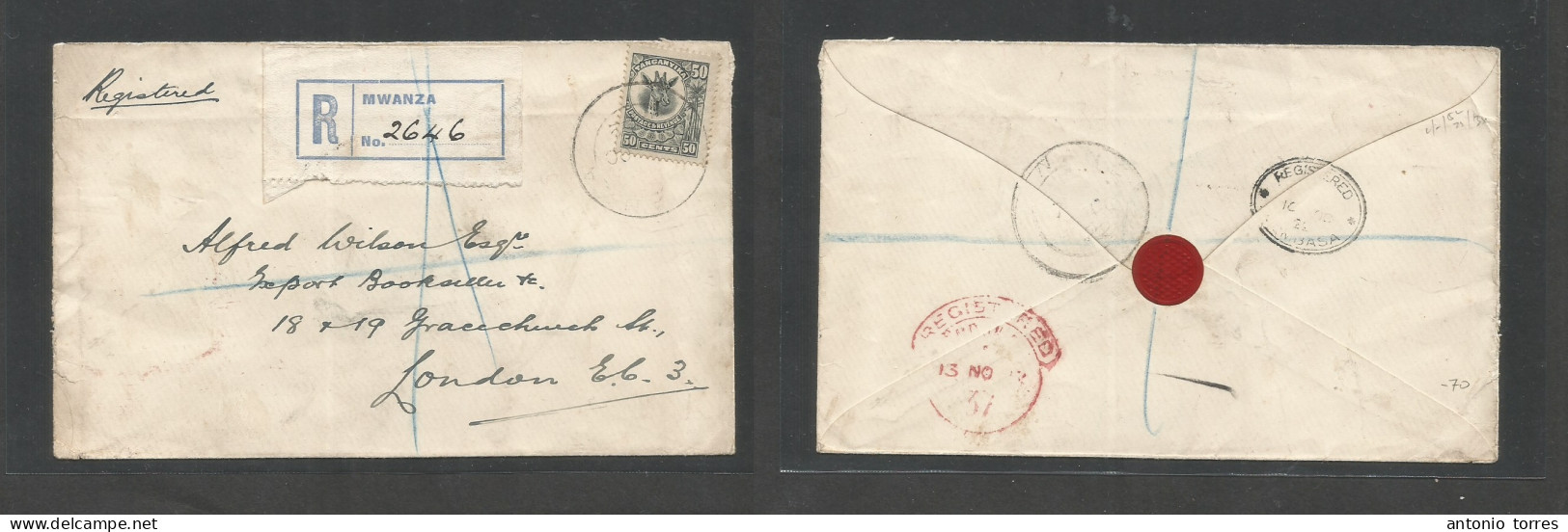 Bc - Kenya. 1922 (7 Oct) Tanganika, Mwanza - London, UK (13 Nov) Via Mombassa. Registered Single 50c. Giraffe Issue + Ti - Sonstige & Ohne Zuordnung