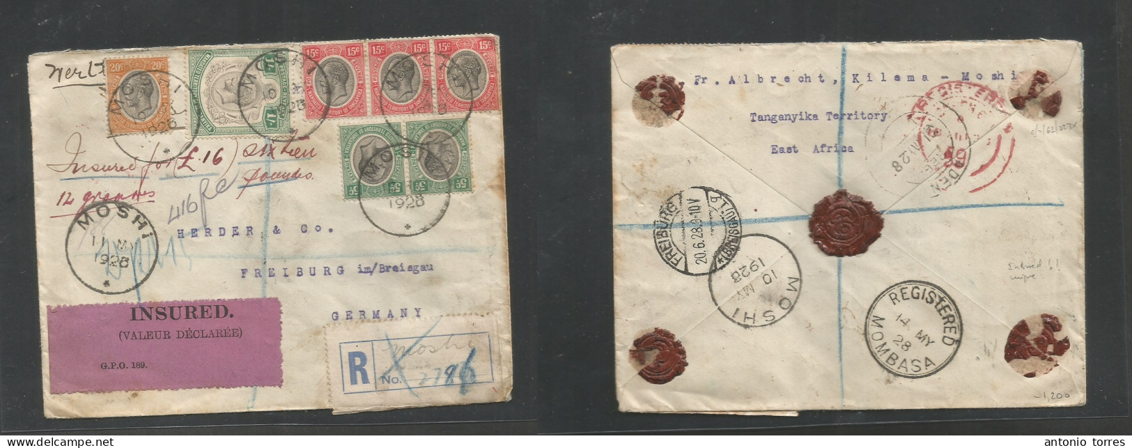 Bc - Kenya. 1928 (11 May) Germany, Freiburg (20 June) Via Mombassa - Aden - London. INSURED Multifkd Envelope, With R + - Sonstige & Ohne Zuordnung