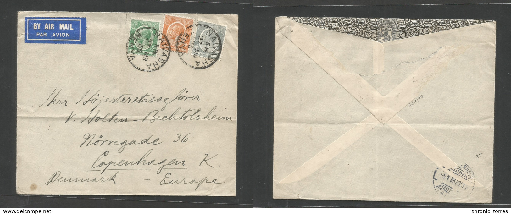 Bc - Kenya. 1935 (27 March) KUT. Nairasha - Denmark, Cph (5 Apr) Air Multifkd Env At 75c Rate, Tied Cds. Arrival Reverse - Other & Unclassified