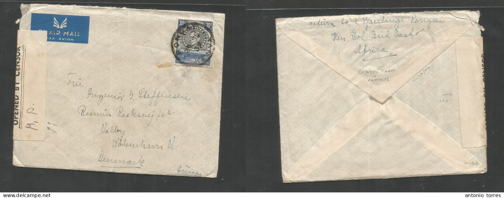 Bc - Kenya. 1939 (29 Sept) KUT. Rongai - Denmark, Cph. Air Single 30c Fkd Env With Contains. Depart Censored (?!) Mns La - Other & Unclassified