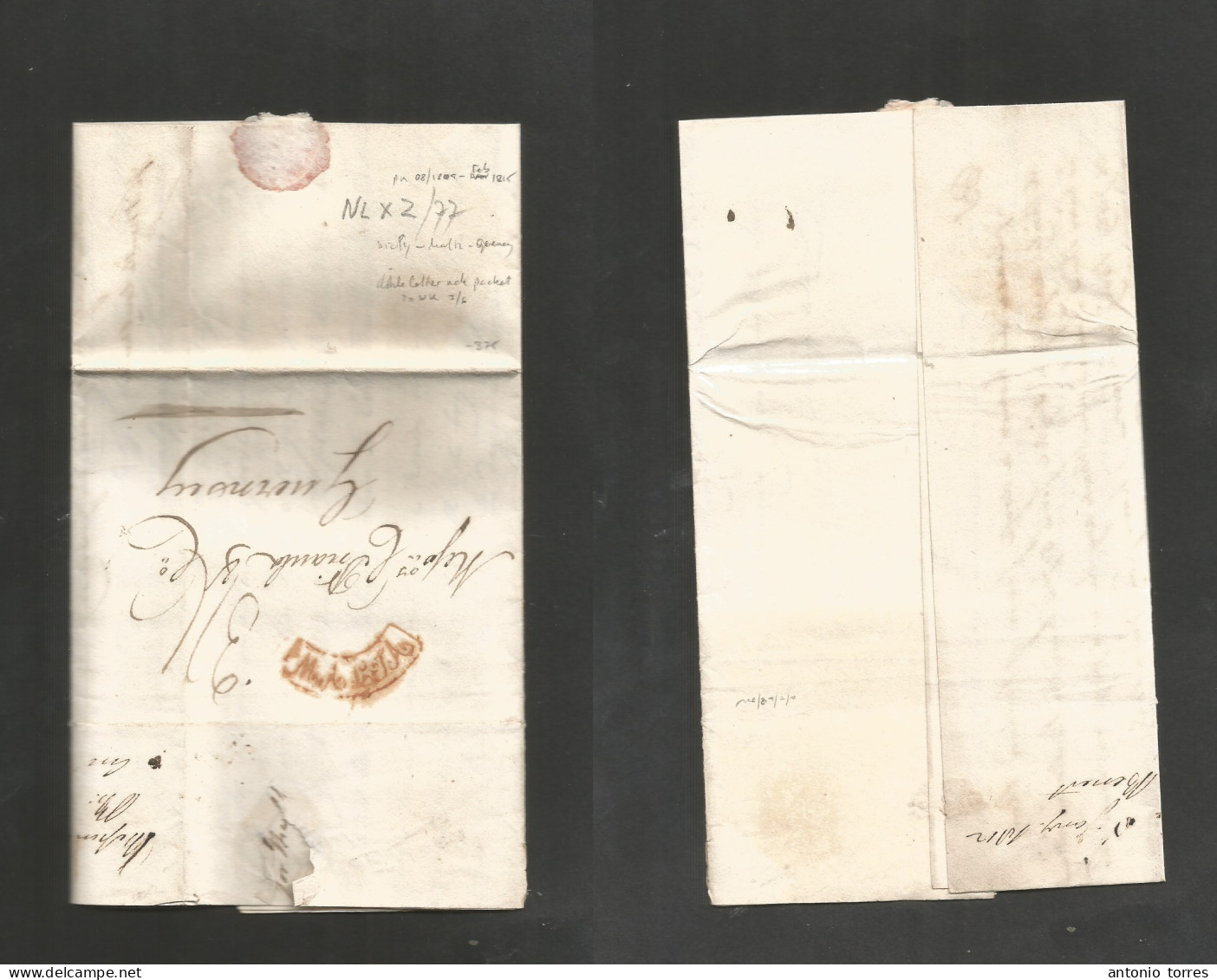Bc - Malta. 1812 (8 Jan) Mesina, Sicily, Italy - Guersey, Chanel Islands. EL With Text Via BPO Malta Semi Oval Red Cache - Other & Unclassified