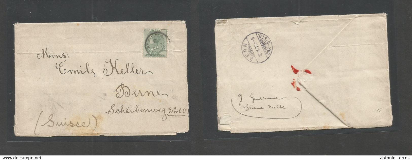 Bc - Malta. 1897 (9 Oct) GPO - Switzerland, Bern (12 Oct) Handmade Close Envelope, Fkd 1 1/2d Green Tied Cds. Fine + Rat - Autres & Non Classés