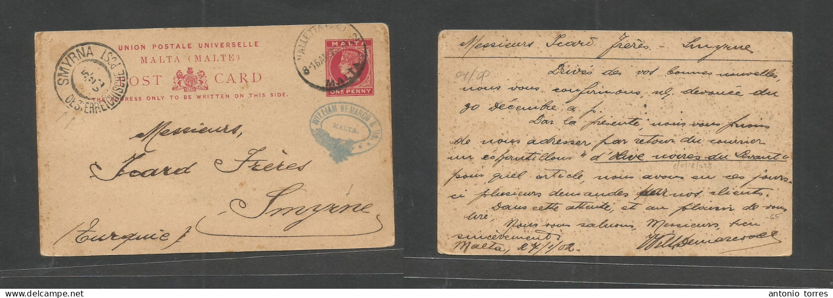 Bc - Malta. 1902 (27 Jan) Valletta - Turkey, Smyrne (5 Febr), Austrian Post Office. 1d Red Stat Card Cds + Arrival Along - Autres & Non Classés