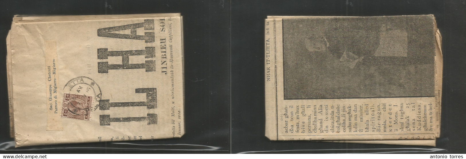 Bc - Malta. 1916 (7 June) Valetta - Migiarro. Complete Franked Paper 1/2d Rate, Tied Cds. Fine Better Scarce Usage. - Otros & Sin Clasificación