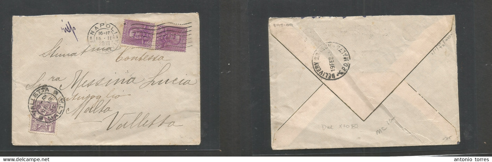 Bc - Malta. 1929 (15-18 Febr) Italy, Napoli - Valetta (19 Febr) Fkd Env + Taxed + Arrival 1d Lilac P. Due, Tied Cds. Fin - Sonstige & Ohne Zuordnung