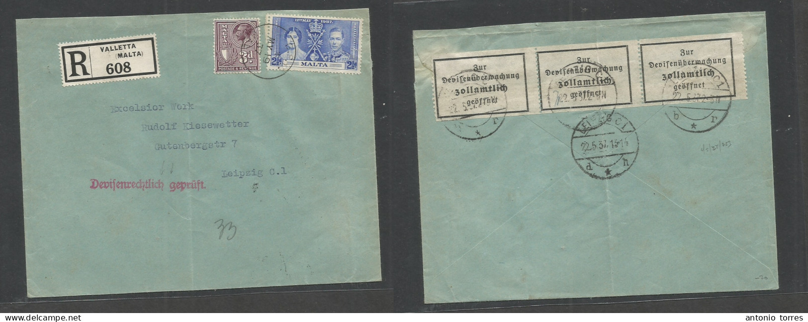 Bc - Malta. 1937 (19 May) Valetta - Germany, Leipzig (22 May) Registered Multifkd Envelope At 5 1/2d Rate Incl Coronatio - Otros & Sin Clasificación