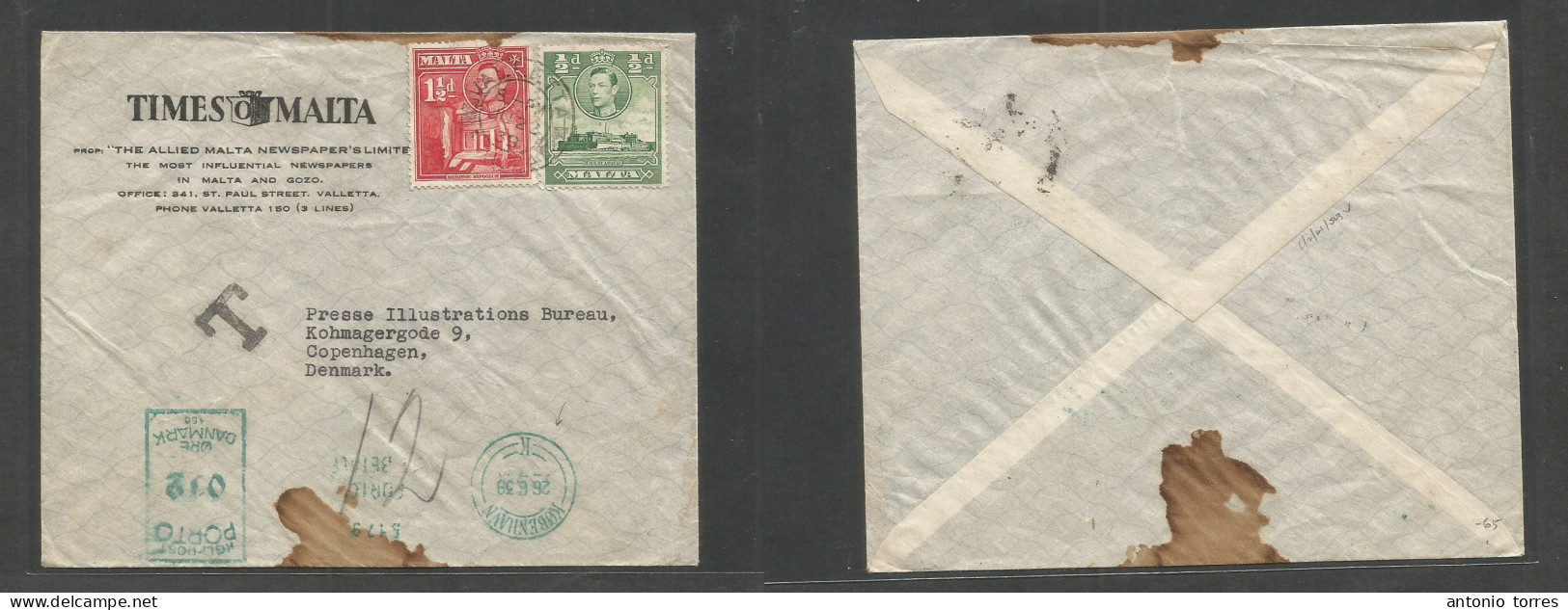 Bc - Malta. 1939 (22 June) Valletta - Denmark, Cph. Comercial Multifkd Env, Taxed + Arrival Machine Charge "012 Ore" Blu - Other & Unclassified